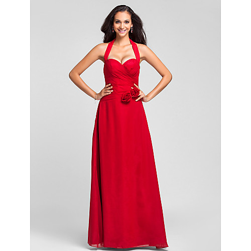 

A-Line Open Back Prom Formal Evening Military Ball Dress Halter Neck Sleeveless Floor Length Chiffon with Side Draping Flower 2021