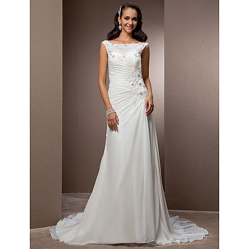 

Sheath / Column Wedding Dresses Bateau Neck Court Train Chiffon Cap Sleeve with Beading Appliques Button 2021