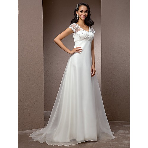 

A-Line Wedding Dresses V Neck Court Train Lace Organza Short Sleeve Simple Vintage Little White Dress with Beading 2021