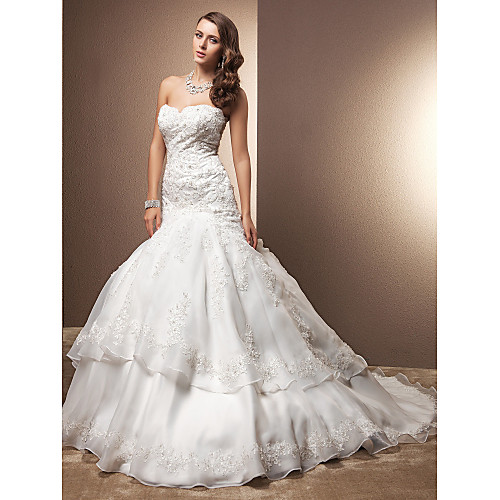 

Mermaid / Trumpet Wedding Dresses Sweetheart Neckline Chapel Train Lace Organza Sleeveless with Beading Appliques 2021