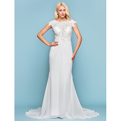 

Mermaid / Trumpet Wedding Dresses Jewel Neck Court Train Chiffon Short Sleeve Open Back with Beading Appliques Side-Draped 2021