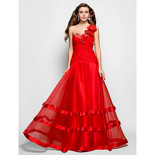 

Ball Gown Floral Prom Formal Evening Military Ball Dress One Shoulder Sweetheart Neckline Sleeveless Floor Length Organza with Criss Cross Ruched Beading 2021