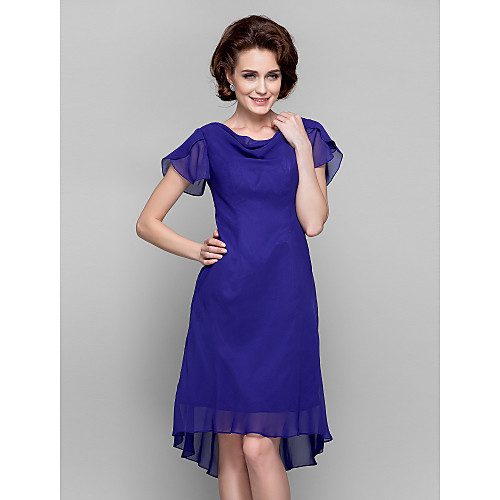 

Sheath / Column Dress Cowl Neck Short Sleeve Asymmetrical Knee Length Chiffon with Side Draping Crystal Brooch 2021