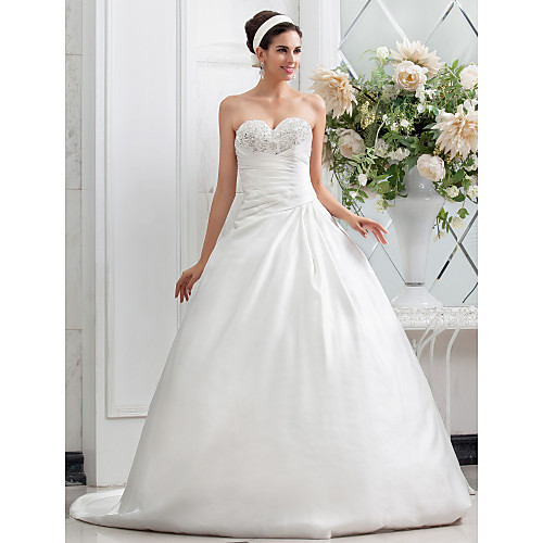 

Princess A-Line Wedding Dresses Sweetheart Neckline Chapel Train Satin Sleeveless with 2021