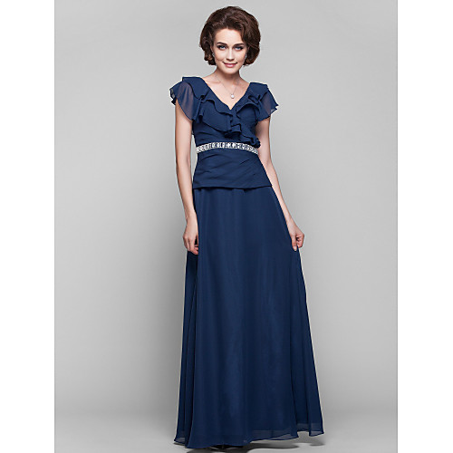 

A-Line Mother of the Bride Dress V Neck Floor Length Chiffon Short Sleeve with Ruffles Side Draping Crystal Brooch 2021