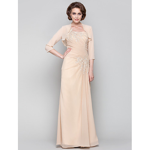 

Sheath / Column Mother of the Bride Dress Wrap Included One Shoulder Floor Length Chiffon 3/4 Length Sleeve with Criss Cross Beading Appliques 2021