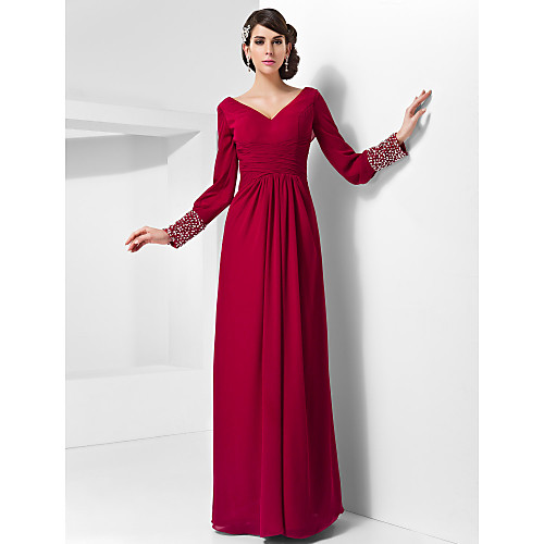 

Sheath / Column Elegant Formal Evening Military Ball Dress V Neck Long Sleeve Floor Length Chiffon with Buttons Criss Cross Beading 2021