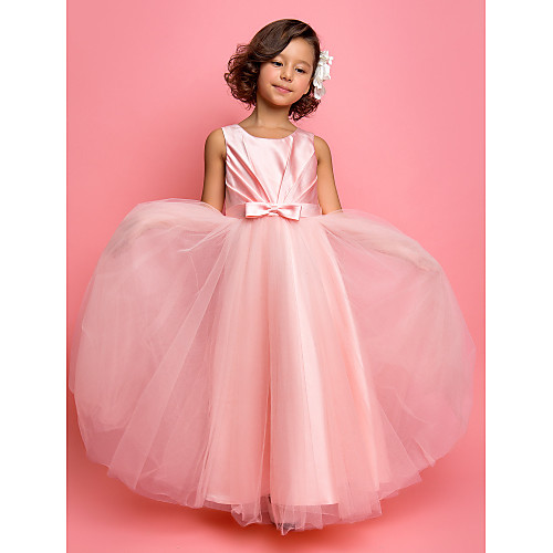 

Princess / A-Line Ankle Length Satin / Tulle Sleeveless Jewel Neck with Sash / Ribbon / Bow(s) / Side Draping