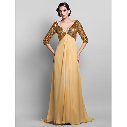 

Sheath / Column Formal Evening Military Ball Dress V Neck 3/4 Length Sleeve Watteau Train Floor Length Chiffon Sequined with Sequin 2021