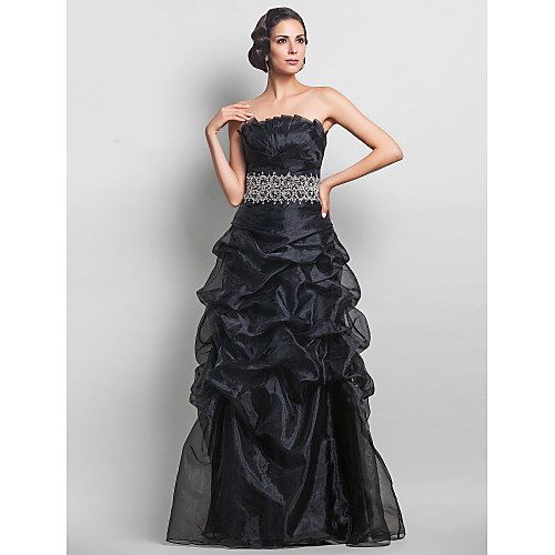 

A-Line Vintage Inspired Prom Formal Evening Military Ball Dress Strapless Sleeveless Floor Length Organza with Pick Up Skirt Criss Cross Crystals 2021