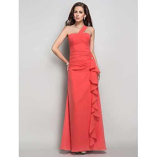 

Sheath / Column Open Back Prom Formal Evening Dress One Shoulder Sleeveless Floor Length Chiffon with Cascading Ruffles Crystal Brooch 2021