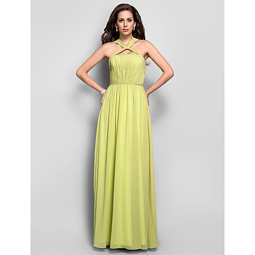 

Sheath / Column Open Back Formal Evening Military Ball Dress Halter Neck Sleeveless Floor Length Chiffon with Sash / Ribbon Draping 2021