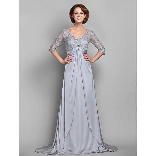 

Sheath / Column Mother of the Bride Dress V Neck Sweep / Brush Train Lace Satin Chiffon 3/4 Length Sleeve with Lace Crystals Beading 2021
