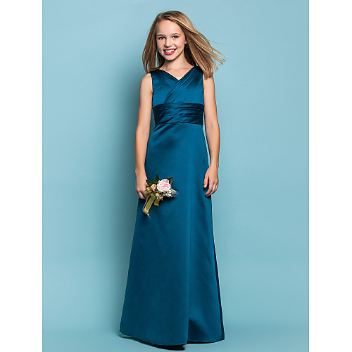 

Sheath / Column V Neck Floor Length Satin Junior Bridesmaid Dress with Sash / Ribbon / Criss Cross / Ruched / Spring / Summer / Fall / Apple / Hourglass