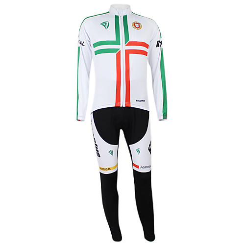 

Malciklo Men's Women's Long Sleeve Cycling Jersey with Bib Tights Winter Elastane Polyester White / Green Portugal Champion National Flag Bike Clothing Suit Mountain Bike MTB Road Bike Cycling