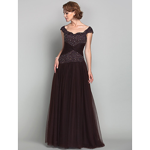 

A-Line Mother of the Bride Dress Sparkle & Shine Straps Floor Length Tulle Sleeveless with Criss Cross Beading Appliques 2021