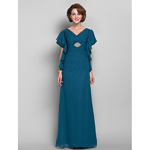 

Sheath / Column Mother of the Bride Dress Elegant V Neck Floor Length Chiffon Short Sleeve with Criss Cross Beading Cascading Ruffles 2021