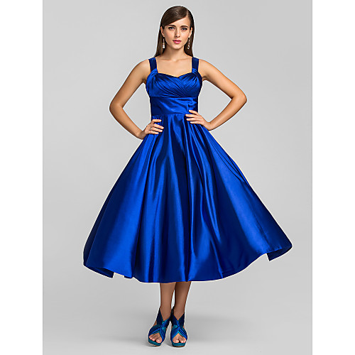 

A-Line Elegant Minimalist Cocktail Party Wedding Party Dress Square Neck Sleeveless Tea Length Stretch Satin with Criss Cross 2020