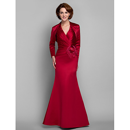 

Mermaid / Trumpet Mother of the Bride Dress Lace Up Wrap Included Halter Neck Floor Length Satin Long Sleeve with Feathers / Fur Criss Cross Beading 2021