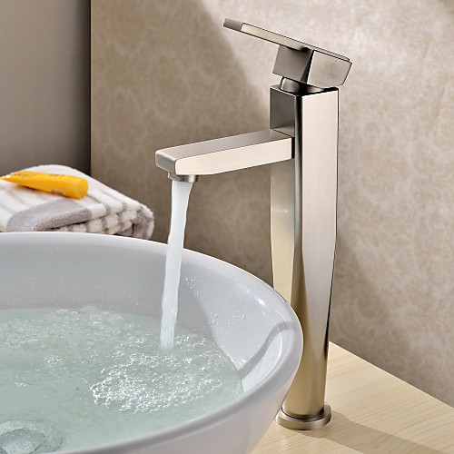 

Contemporary Vessel Ceramic Valve One Hole Single Handle One Hole Nickel Brushed, Bathroom Sink Faucet