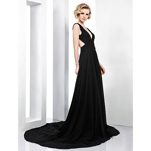 

A-Line Beautiful Back Formal Evening Dress Plunging Neck Sleeveless Court Train Chiffon with Side Draping 2021