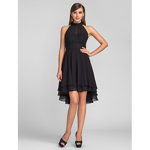 

A-Line Little Black Dress Black Homecoming Cocktail Party Dress Halter Neck Sleeveless Knee Length Chiffon with Pleats 2020