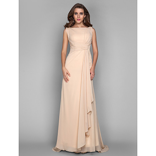 

Sheath / Column Formal Evening Military Ball Dress Bateau Neck Boat Neck Sleeveless Sweep / Brush Train Chiffon with Side Draping 2021