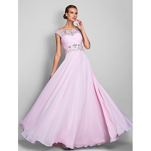 

A-Line Empire Wedding Guest Formal Evening Dress Illusion Neck Short Sleeve Floor Length Chiffon with Crystals Beading 2021