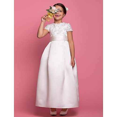 

A-Line Ankle Length Wedding / First Communion Flower Girl Dresses - Satin Short Sleeve Jewel Neck with Lace / Sash / Ribbon / Beading