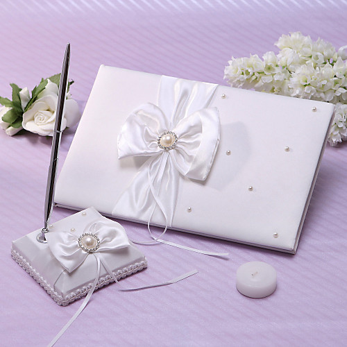 

Guest Book / Pen Set Satin Garden Theme With Faux Pearl / Ribbons