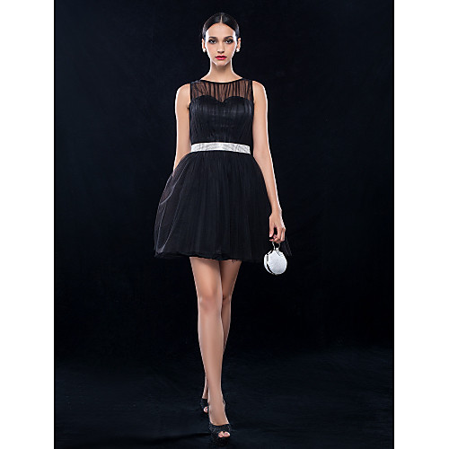 

A-Line Cocktail Party Wedding Party Dress Bateau Neck Sleeveless Short / Mini Tulle with Draping Crystal Brooch 2021