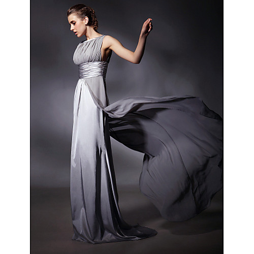 

Sheath / Column Celebrity Style Elegant Inspired by Golden Globe Formal Evening Dress Jewel Neck Sleeveless Sweep / Brush Train Chiffon Stretch Satin with Sash / Ribbon 2021