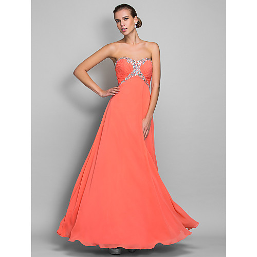 

A-Line Open Back Prom Formal Evening Military Ball Dress Sweetheart Neckline Sleeveless Floor Length Chiffon with Crystals Side Draping 2021