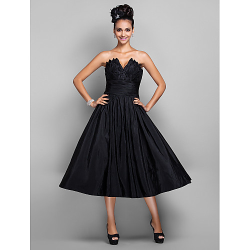 

Ball Gown Little Black Dress Minimalist Elegant Cocktail Party Prom Dress V Wire Sleeveless Tea Length Taffeta with Pleats 2021