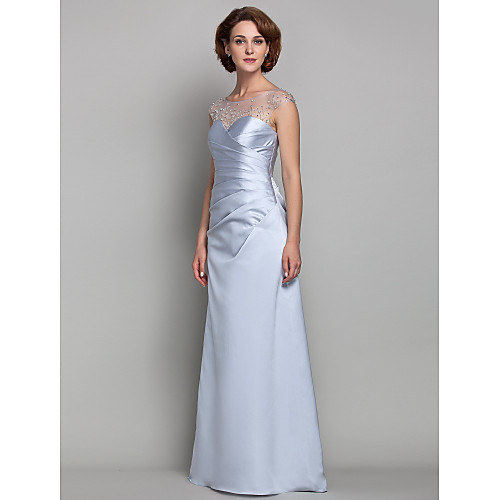 

Sheath / Column Mother of the Bride Dress See Through Bateau Neck Floor Length Satin Tulle Sleeveless with Criss Cross Beading 2021