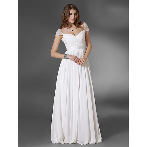 

A-Line Minimalist Elegant Prom Formal Evening Dress V Neck Short Sleeve Floor Length Chiffon with Sash / Ribbon Ruched 2021