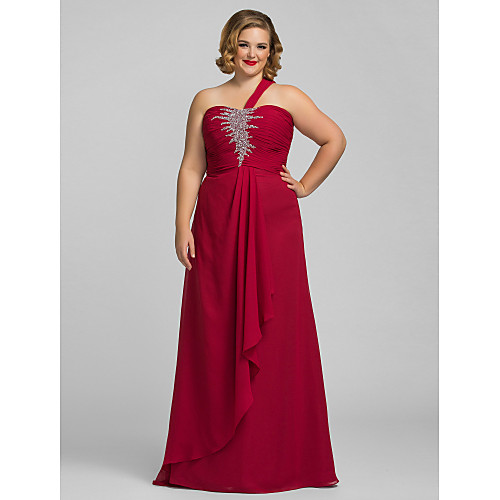 

Sheath / Column Plus Size Prom Formal Evening Dress One Shoulder Sleeveless Floor Length Chiffon with Crystals Draping 2021