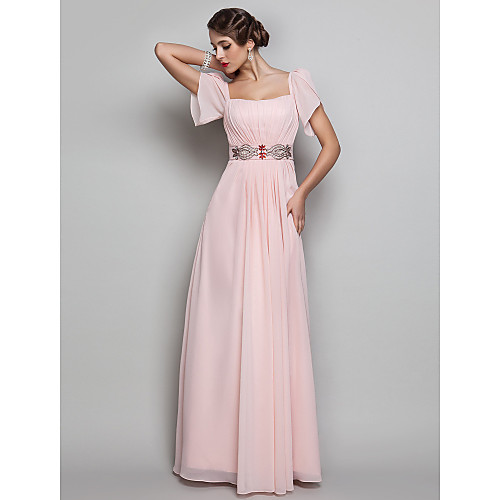 

Sheath / Column Open Back Prom Formal Evening Military Ball Dress Square Neck Short Sleeve Floor Length Chiffon with Beading Draping 2021