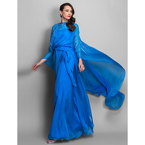 

Sheath / Column Elegant Formal Evening Military Ball Dress Spaghetti Strap Sleeveless Floor Length Chiffon with Sash / Ribbon Sequin 2021