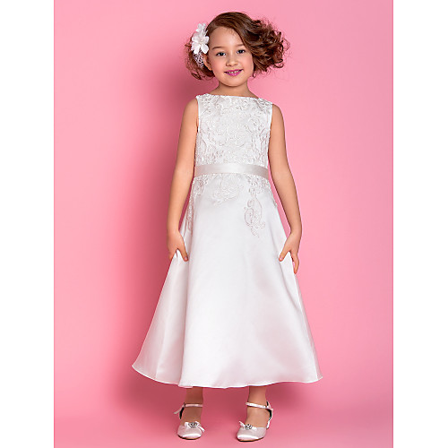 

A-Line Tea Length Wedding / First Communion Flower Girl Dresses - Satin Sleeveless Scoop Neck with Bow(s) / Appliques / Spring / Summer / Fall / Winter