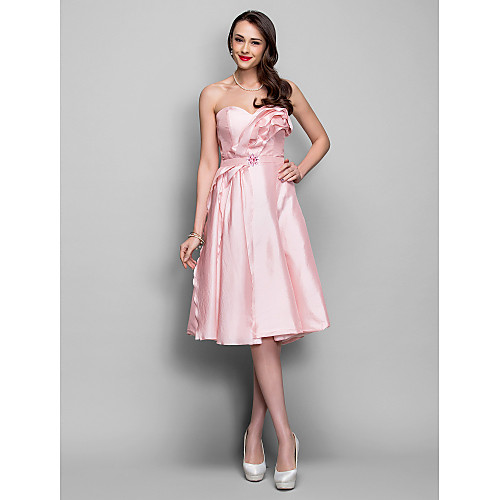 

A-Line Open Back Holiday Homecoming Cocktail Party Dress Sweetheart Neckline Sleeveless Knee Length Taffeta with Crystals Cascading Ruffles 2021