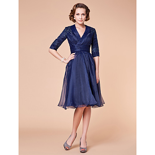 

A-Line Mother of the Bride Dress V Neck Knee Length Organza Half Sleeve with Ruched Beading Appliques 2021