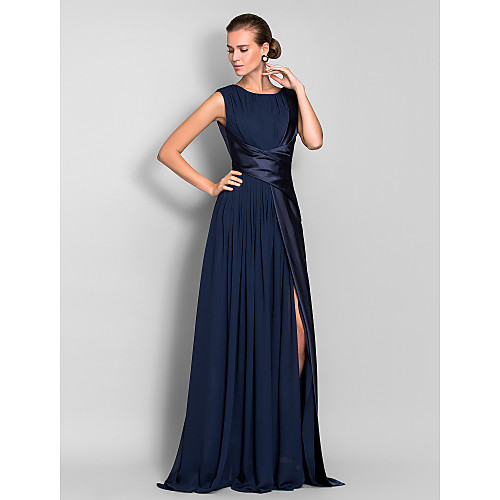 

Sheath / Column Elegant Open Back Furcal Formal Evening Black Tie Gala Dress Jewel Neck Sleeveless Sweep / Brush Train Chiffon Stretch Satin with Ruched Split Front 2021