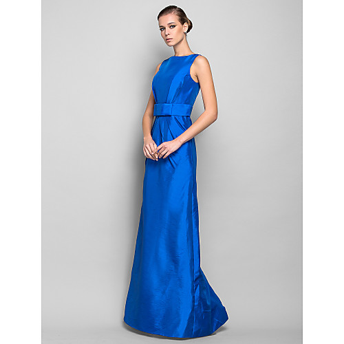 

Sheath / Column Minimalist Wedding Guest Formal Evening Dress Boat Neck Sleeveless Floor Length Taffeta with Bow(s) 2021