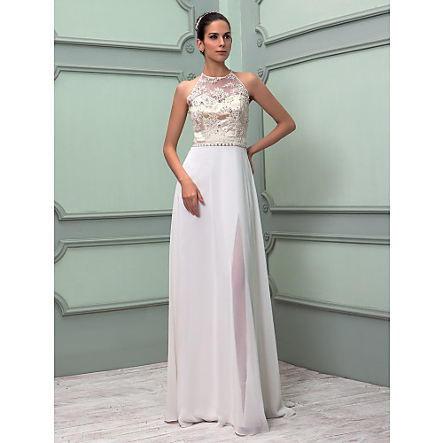 

Sheath / Column Wedding Dresses Jewel Neck Floor Length Chiffon Lace Regular Straps See-Through with Sash / Ribbon Beading Split 2021