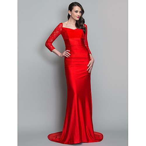 

Mermaid / Trumpet Elegant Formal Evening Military Ball Dress V Neck Long Sleeve Sweep / Brush Train Lace Knit with Ruched 2021