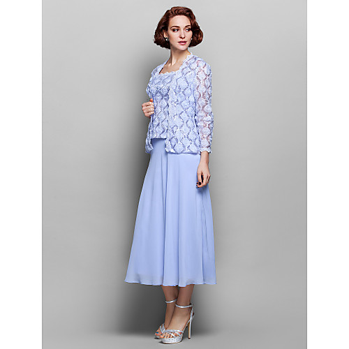 

Sheath / Column Mother of the Bride Dress Wrap Included Straps Tea Length Chiffon Lace Long Sleeve with Lace 2021