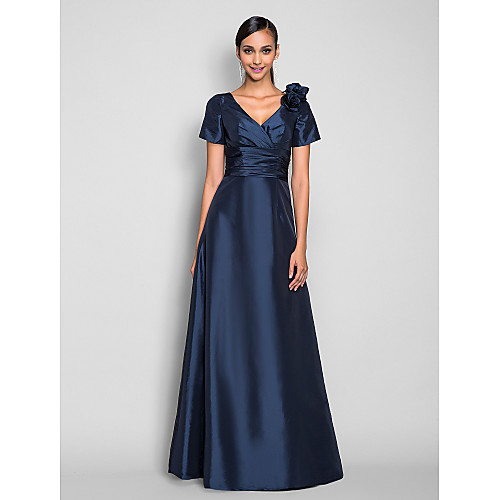 

A-Line Elegant Prom Formal Evening Military Ball Dress V Neck Short Sleeve Floor Length Taffeta with Ruched Side Draping Flower 2021