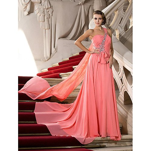 

A-Line Elegant Engagement Formal Evening Dress One Shoulder Sleeveless Court Train Chiffon with Crystals Draping 2021