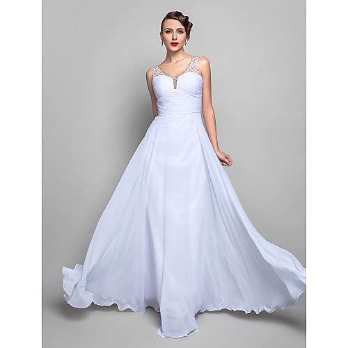 

A-Line Open Back Prom Formal Evening Military Ball Dress V Neck Sleeveless Floor Length Chiffon with Criss Cross Ruched Beading 2021